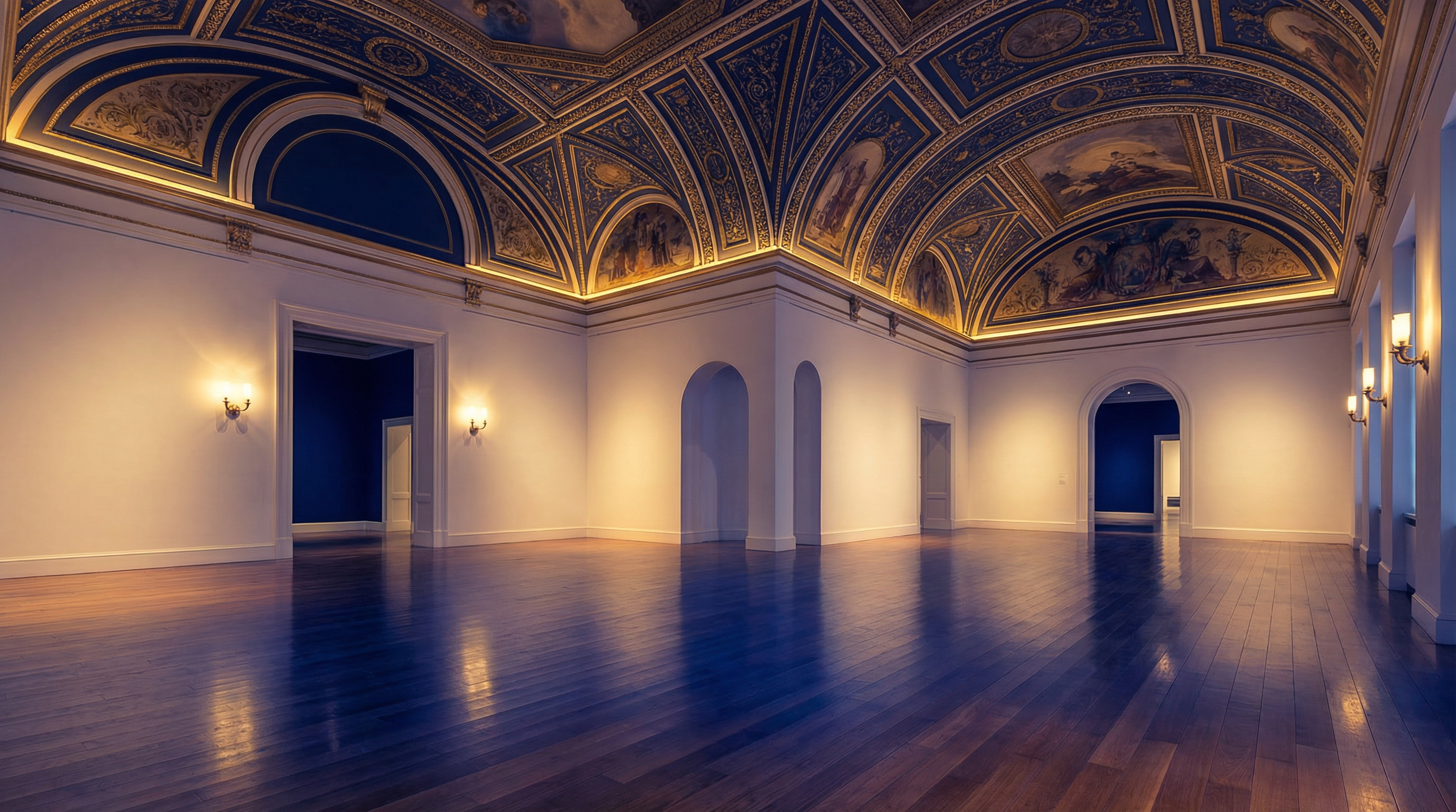 Elegant classical museum gallery interior with ornate ceiling