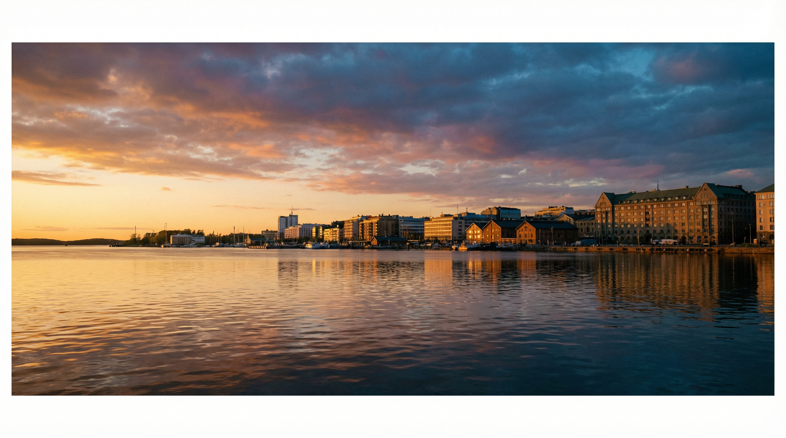 Scenic view of Helsinki waterfront at golden hour